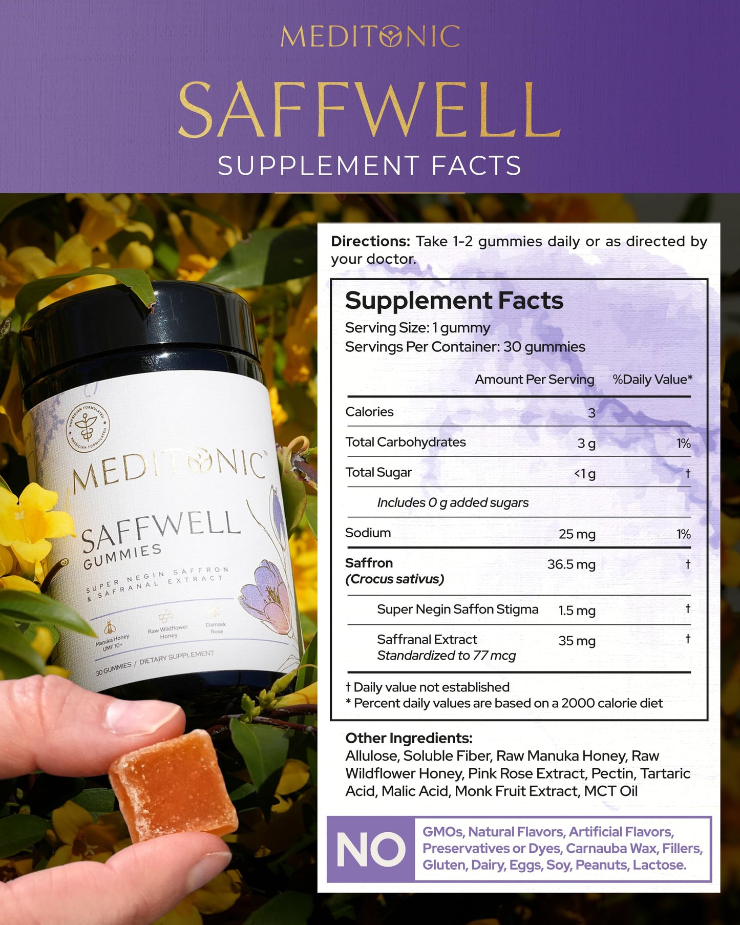 MEDITONIC™ Saffwell Gummies | Super Negin SAFFRON & Safranal | Mood, Vision, Focus Enhancer | 30 Premium U.S Made Gummies | Guranteed Superior American Made Quality