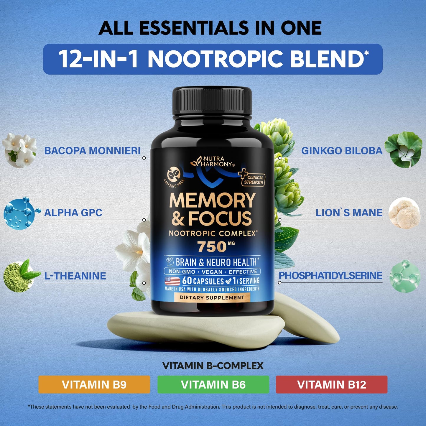 Brain Supplement for Memory & Focus 750 mg - Magnesium | L-Theanine | Bacopa Monnieri | Ginkgo Biloba | Lions Mane - 12in1 Nootropic Complex for Neuro Health - Caffeine-free - Made in USA, 60 Capsules