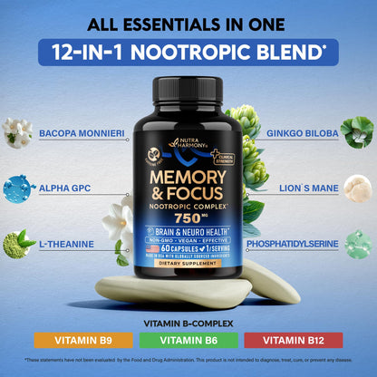 Brain Supplement for Memory & Focus 750 mg - Magnesium | L-Theanine | Bacopa Monnieri | Ginkgo Biloba | Lions Mane - 12in1 Nootropic Complex for Neuro Health - Caffeine-free - Made in USA, 60 Capsules