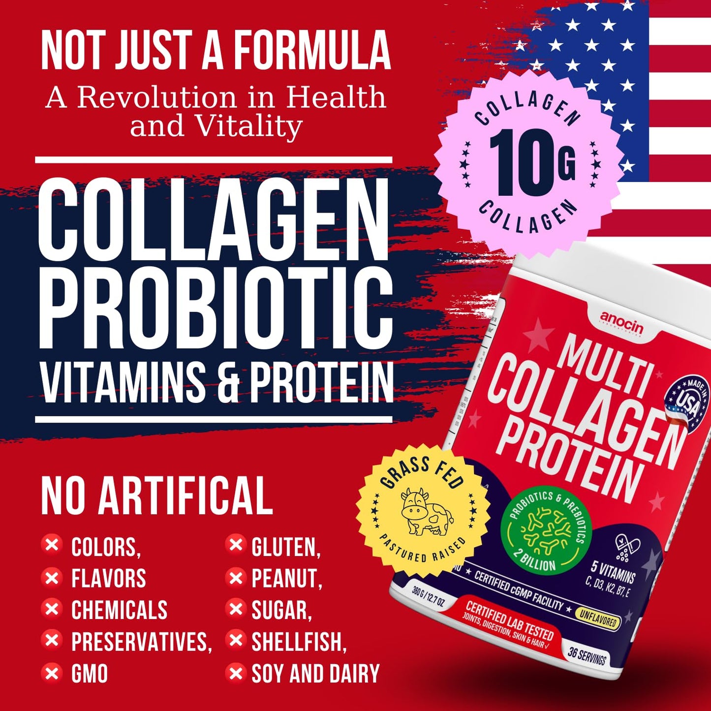 anocin Multi Collagen Peptides w/Prebiotic + Probiotics + Type I, II, III, V, X + Hydrolyzed Collagen Powder w/Vitamin C+D3+B7+K2+E Hyaluronic Acid, Supports Skin Hair Nail Joint, Grass-Fed, Non-GMO