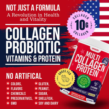 anocin Multi Collagen Peptides w/Prebiotic + Probiotics + Type I, II, III, V, X + Hydrolyzed Collagen Powder w/Vitamin C+D3+B7+K2+E Hyaluronic Acid, Supports Skin Hair Nail Joint, Grass-Fed, Non-GMO