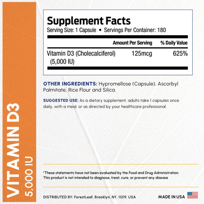 ForestLeaf Vitamin D3 5000 IU | VIT D - VIT D3 Vitamin D Supplements for Women and Men | Bone Health, Teeth and Immune Support | Easy to Swallow Pills | One Capsule Daily, 6-Month Supply, 180 Count