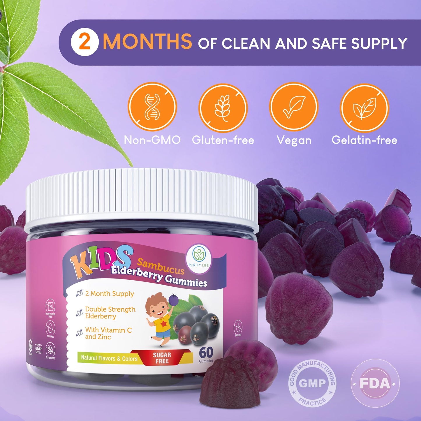 Purify Life Sugar-Free Kids Elderberry Gummies with Vitamin C & Zinc – Daily Immune Support Supplement for Children, Sambucus Antioxidant, Vegan, 60 Ct