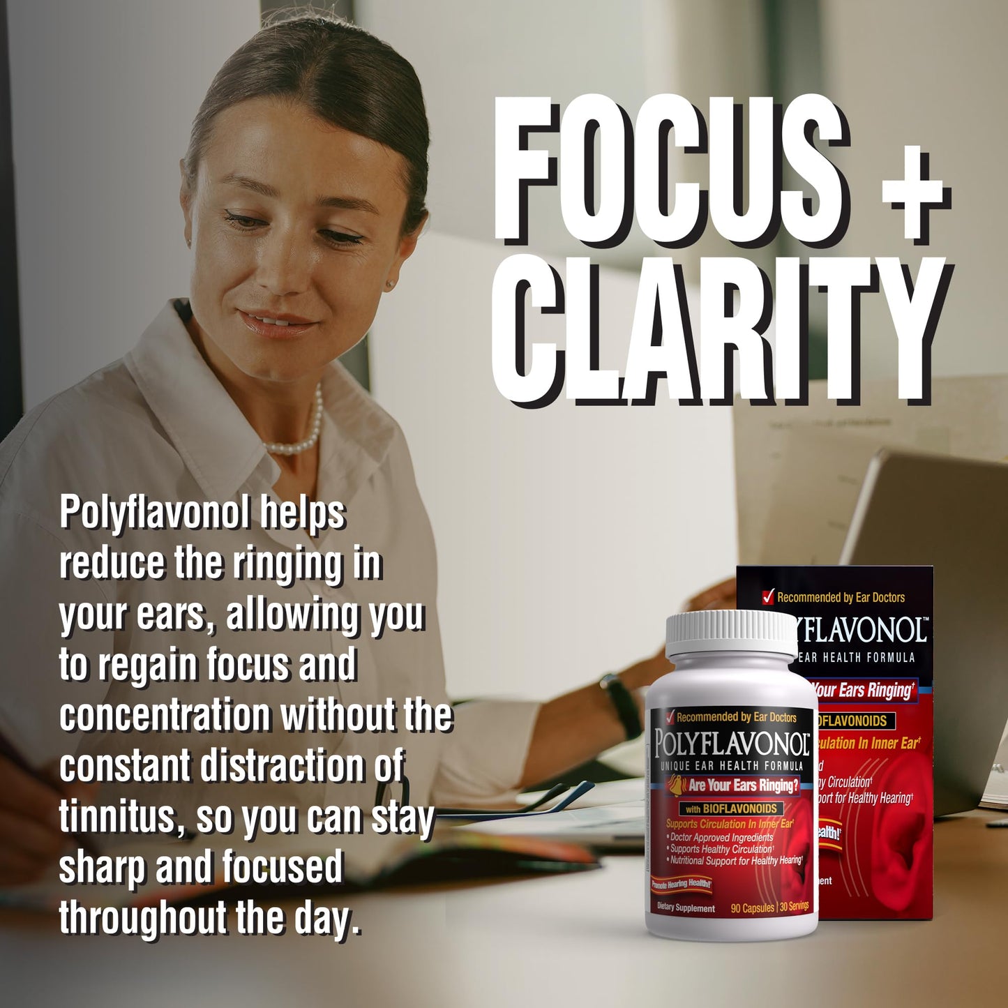 Polyflavonol with Bioflavonoids, Tinnitus Relief, Unique Ear Health Formula, Ringing Ears Support, Supports Circulation in Inner Ear, Promotes Hearing Health, 90 Capsule, 30 Servings