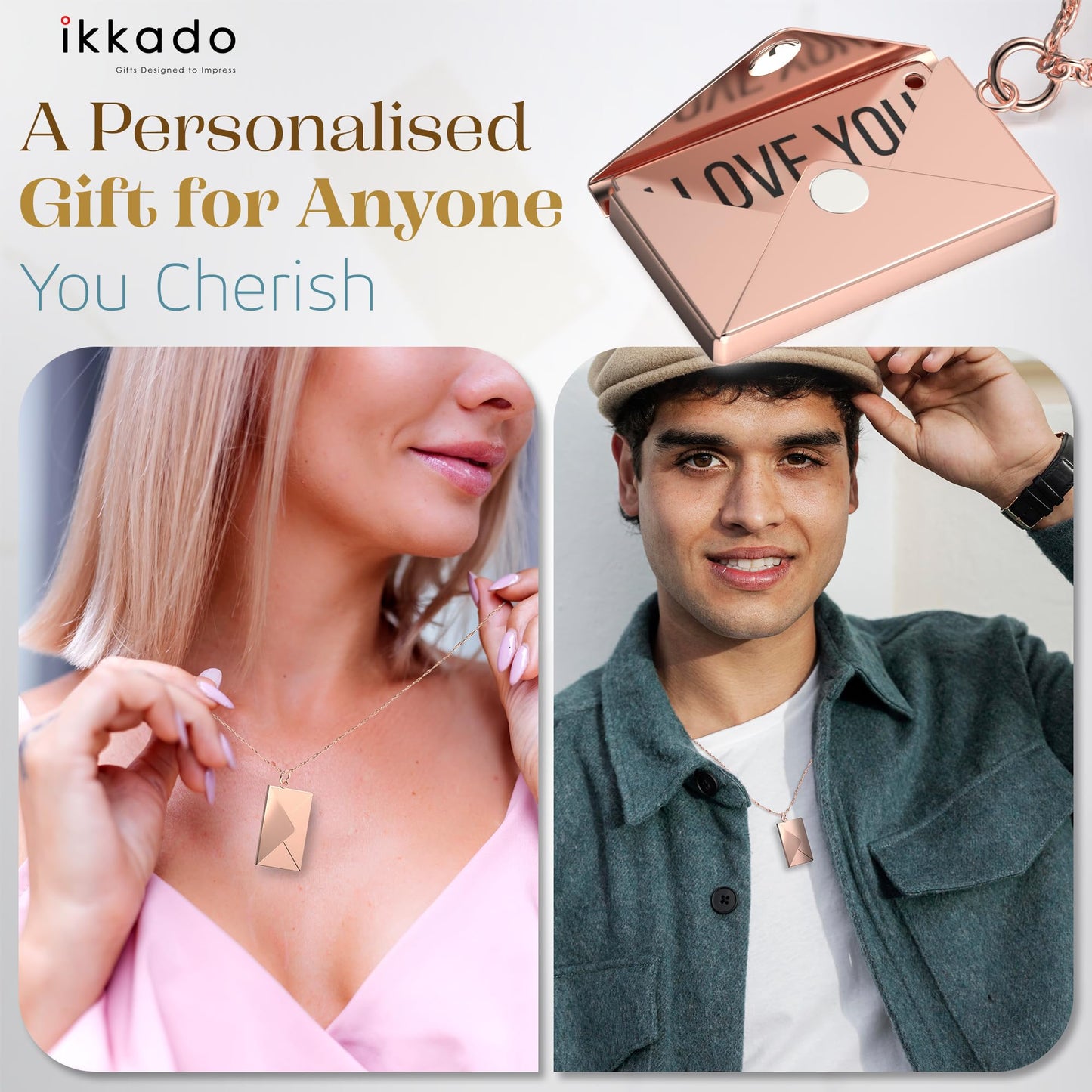 ikkado Custom Envelope Necklace with Love Letter Pendant – Personalised Locket Jewellery for Women – Gift for Birthday, Mother’s Day, Valentine’s, Christmas (Rose Gold) Locally Made (USA)