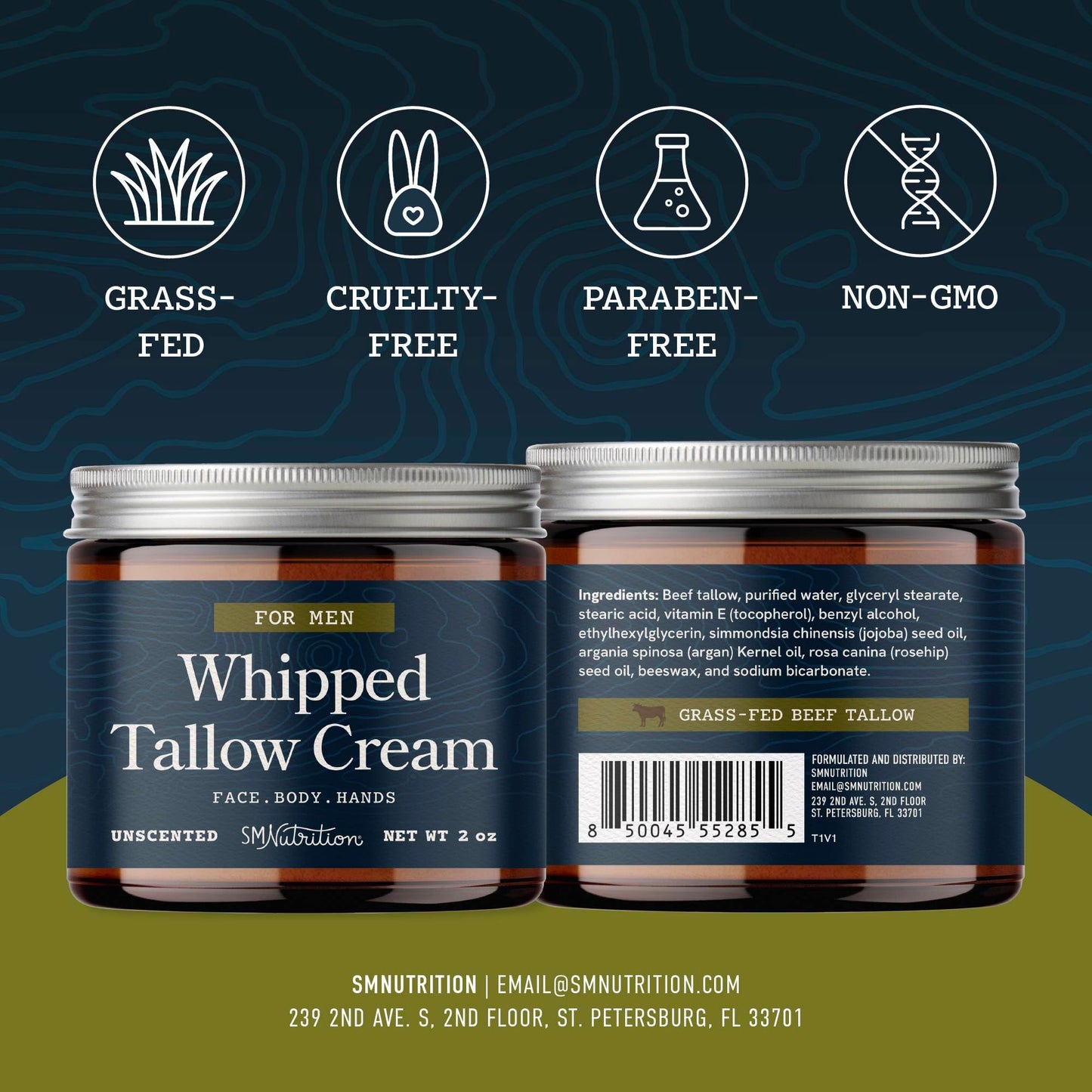 Whipped Beef Tallow Cream for Men | Face & Body | Beef Tallow for Skin Health & Barrier Support | Unscented | Whipped Men’s Moisturizer Cream with Beeswax | Grass-Fed, Cruelty-Free & Non-GMO | 2 oz