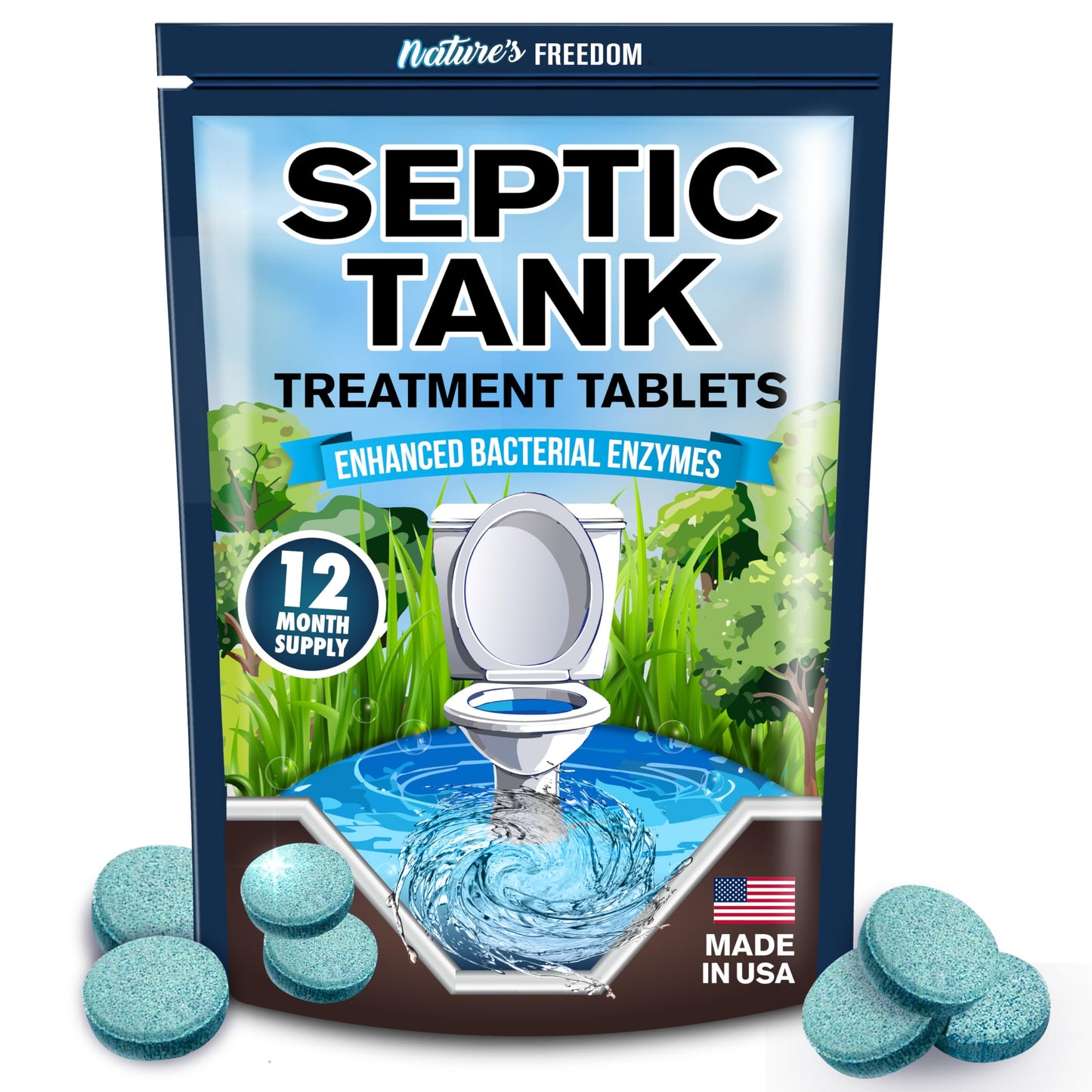 Nature's Freedom Septic Treatment Tablets – 1 Year Supply, Small Yet Powerful Enzyme Formula, Prevents Backups, Odors & Clogs, Made in the USA