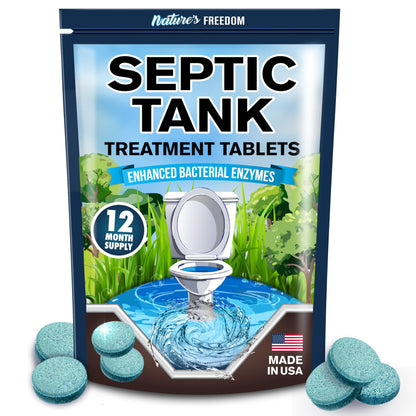 Nature's Freedom Septic Treatment Tablets – 1 Year Supply, Small Yet Powerful Enzyme Formula, Prevents Backups, Odors & Clogs, Made in the USA