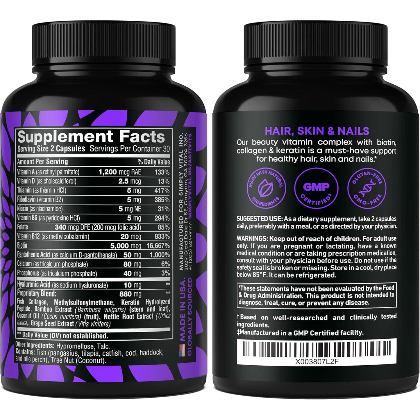 Biotin and Collagen Supplements with Keratin - Hair Vitamins - Hair Skin & Nails Vitamins with Biotin, Collagen, B Complex - Made in USA - Biotin Supplement for Strong Hair, Skin & Nails - 60 Capsules
