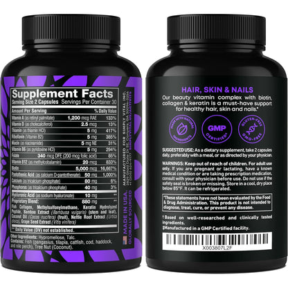 Biotin and Collagen Supplements with Keratin - Hair Vitamins - Hair Skin & Nails Vitamins with Biotin, Collagen, B Complex - Made in USA - Biotin Supplement for Strong Hair, Skin & Nails - 60 Capsules