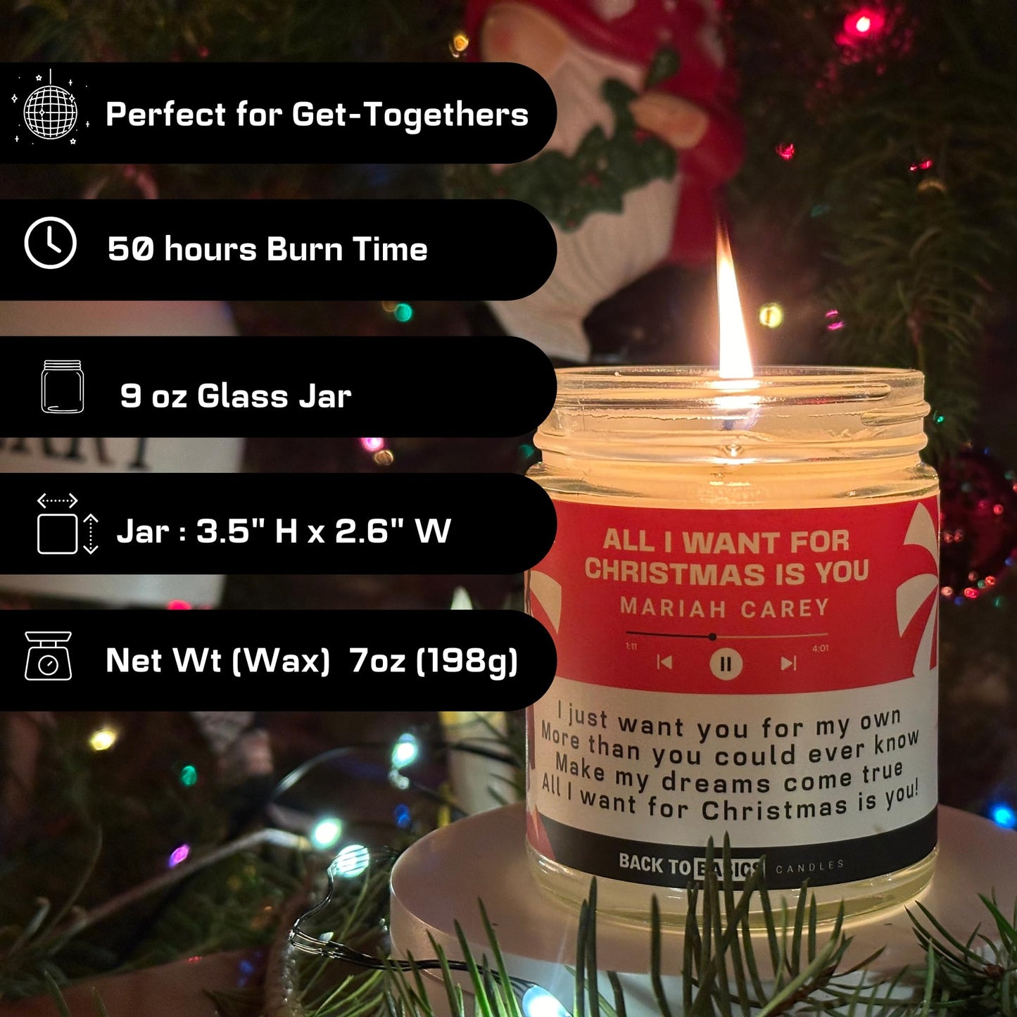 Back to Basics Candles | All I Want for Christmas - 9oz Soy Wax Xmas Tree Scented Candle for Home Decor, Birthday Gifts for Women, Men, Best Friend | Relaxing Aromatherapy Made in USA