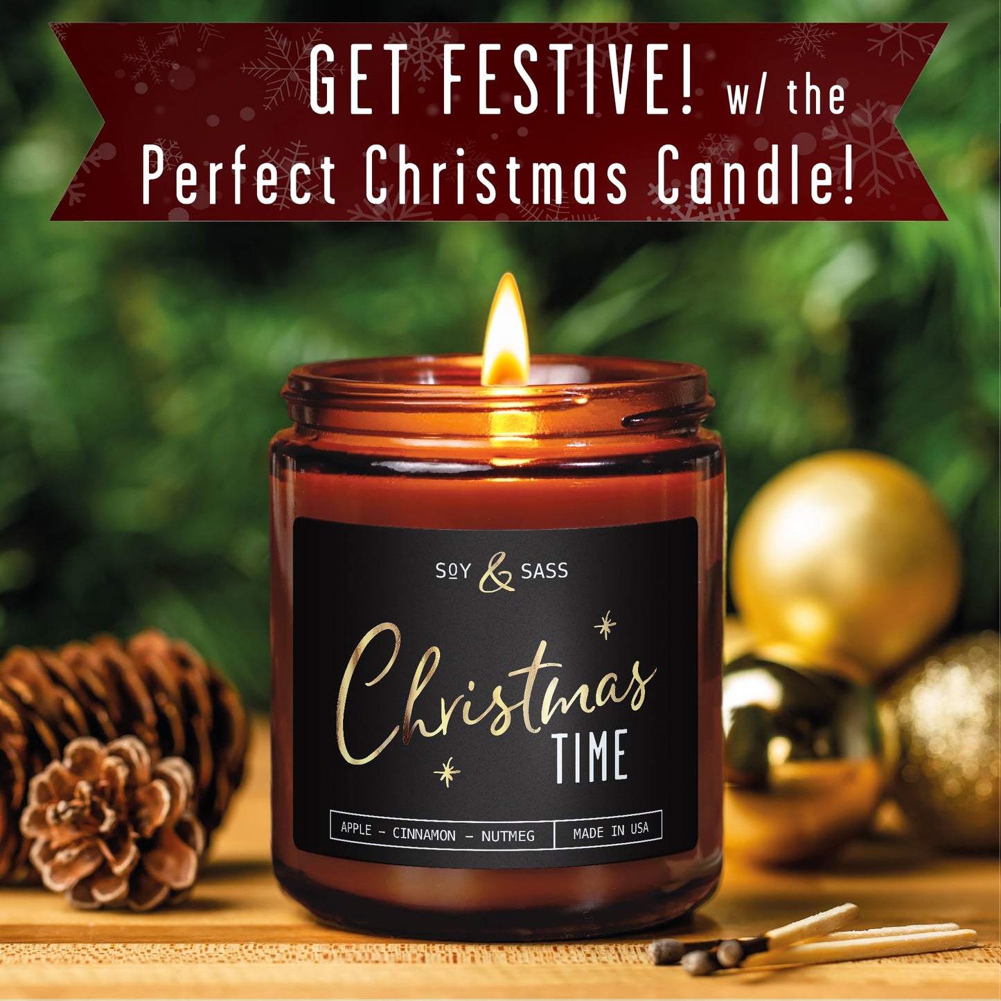 Christmas Candles Scented – ‘Christmas Time’ Soy Christmas Candle, w/Apple, Cinnamon, Clove - Infused with Essential Oils I Holiday Candles I 9oz, 50Hr, Made in USA