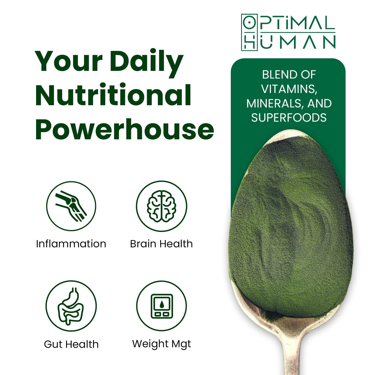 Optimal Human Superfood Greens Powder | 90+ Premium Non-GMO Ingredients | Organic Spirulina, Chlorella, Ashwagandha, Lion's Mane, 10+ Billion Probiotic & Digestive Enzymes | Energy, Longevity