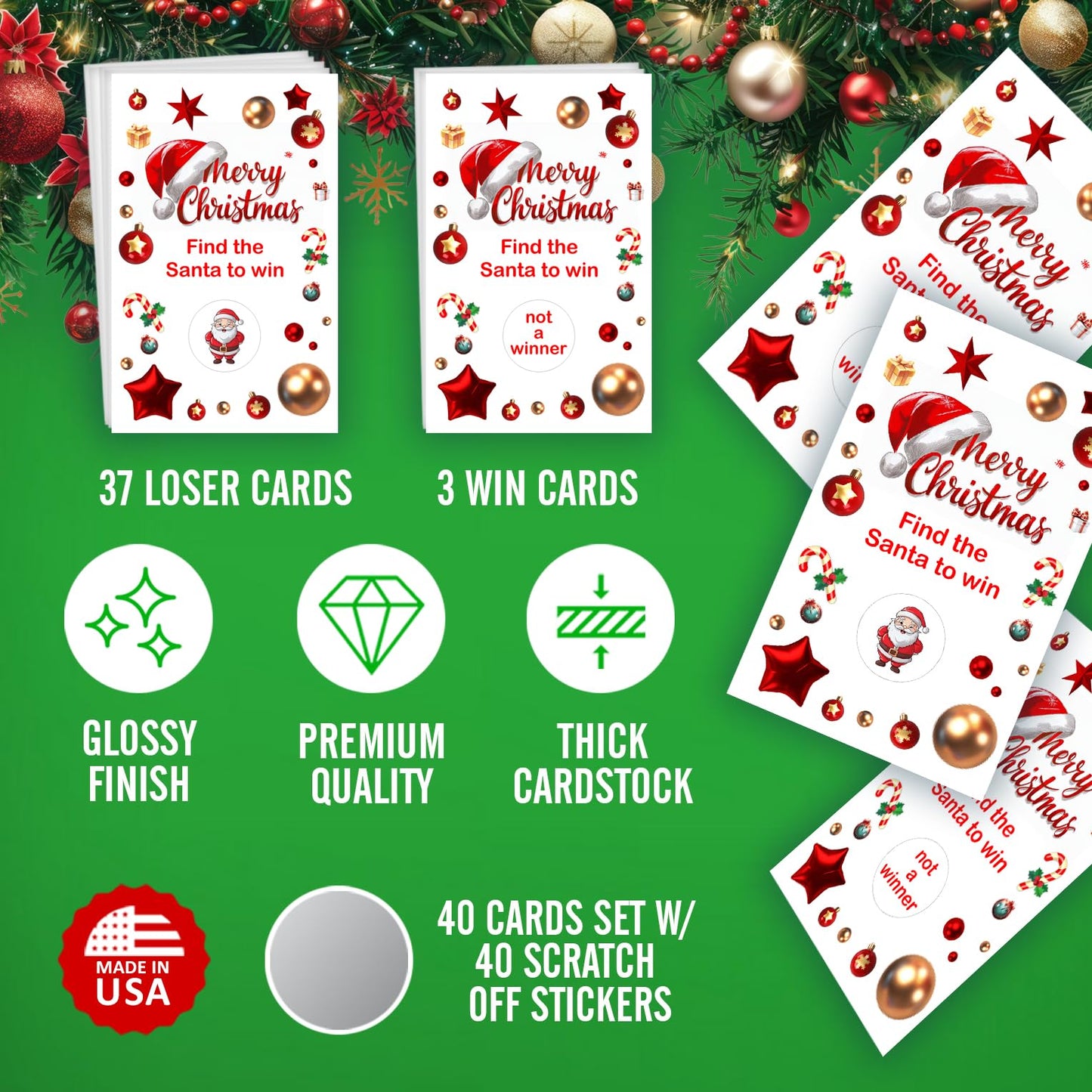 RokAPary Merry Christmas Party Game Scratch Off, Find The Santa Easy to Play Silly Games, Fun Idea, Ice Breaker Activity. Raffle Cards, Set of 40 Cards Made in USA