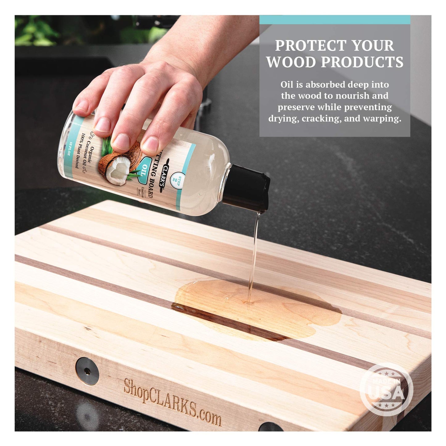 CLARK'S Cutting Board Care Kit with Coconut Oil - Includes Butcher Block Oil and Wax - Made with Refined Coconut Oil, Natural Beeswax, and Carnauba Wax - For Kitchen Countertops and Butcher Blocks