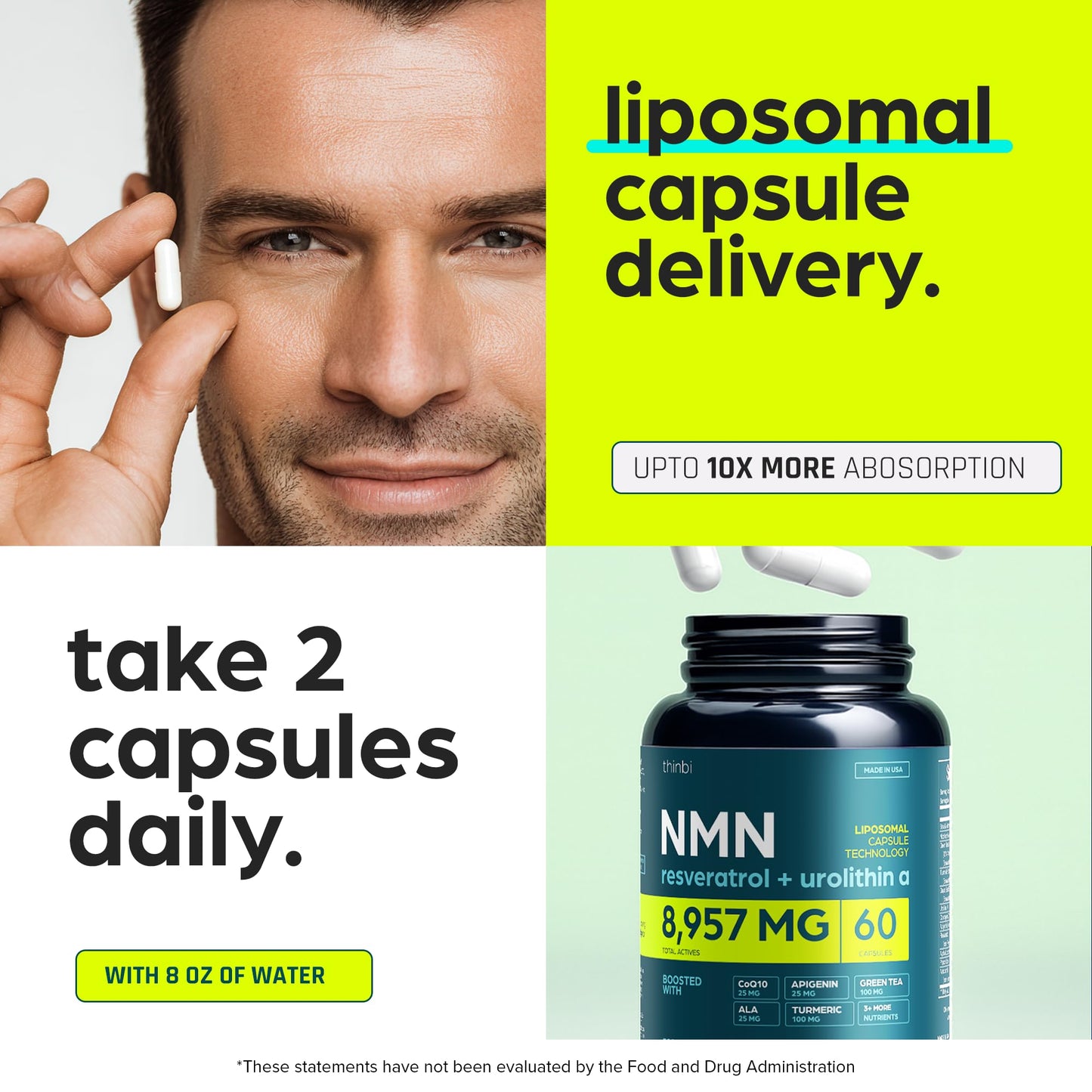 NMN Supplement 8957mg with Real NAD+ Not Just a Booster | Urolithin A, Resveratrol, CoQ10, Alpha Lipoic Acid, Green Tea Extract | Cellular Longevity & Energy Support for Men & Women