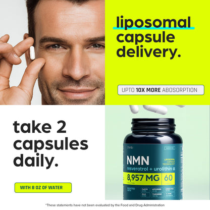 NMN Supplement 8957mg with Real NAD+ Not Just a Booster | Urolithin A, Resveratrol, CoQ10, Alpha Lipoic Acid, Green Tea Extract | Cellular Longevity & Energy Support for Men & Women
