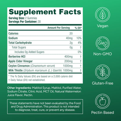 GLP1 Support for Weight Loss - Sugar-Free Berberine Complex Gummies w Ceylon Cinnamon, Milk Thistle, ACV [AMPK Metabolic Activator] Berberine Supplement for Appetite Control, Carb Blocker & Fat Burn