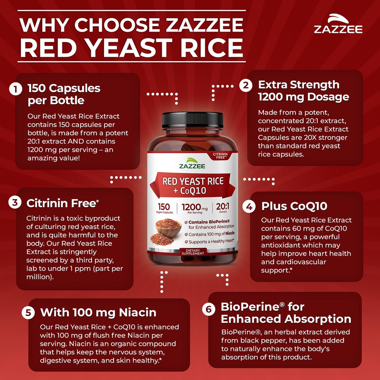 Extra Strength Red Yeast Rice with CoQ10 - 20X Concentrated 1200mg Red Yeast Rice Supplement with Niacin CoQ 10 and BioPerine for Enhanced Absorption - Non-GMO Vegan & ISO Lab Tested (75 Servings)