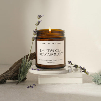Sweet Water Decor Driftwood and Mahogany Soy Candle - Fresh Lavender, Geranium, Warm Mahogany, and Earthy Wood Scented Candles for Home - 9oz Amber Jar + Metal Lid, 40+ Hour Burn Time, Made in the USA