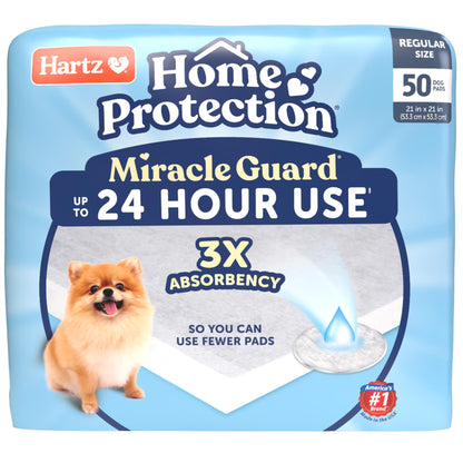New! Hartz Home Protection Miracle Guard USA Made Dog Pads, Regular Size 50 Count, 3X Absorbency & 3X Longer use, Won't Leak and Odor Eliminating