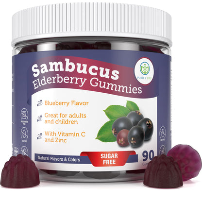 Purify Life Sugar-Free Elderberry Gummies with Vitamin C & Zinc for Adults and Kids, Immune Support Supplement for Respiratory Health, Sambucus Elderberry Antioxidant Gummies - Vegan, 90 Count