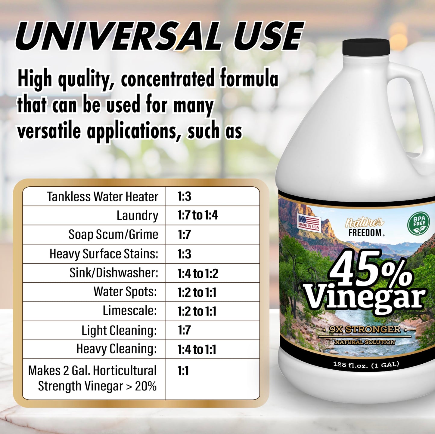 Nature's Freedom 45% Concentrated Vinegar, 1 Gallon - Dilutes to 9 Gallons - 9x Strength Multi-Purpose Solution