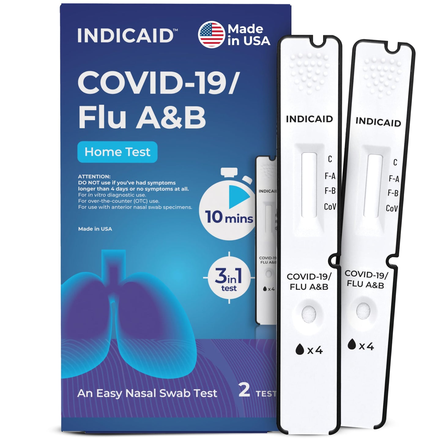 INDICAID COVID-19/Flu A and B 3-in-1 Combo Rapid Antigen Test – FDA 510(k)-Cleared - Results in 10 Minutes - Made in USA - 2 Tests - OTC for Home and Business - Easy to Use - FSA/HSA Approved Product