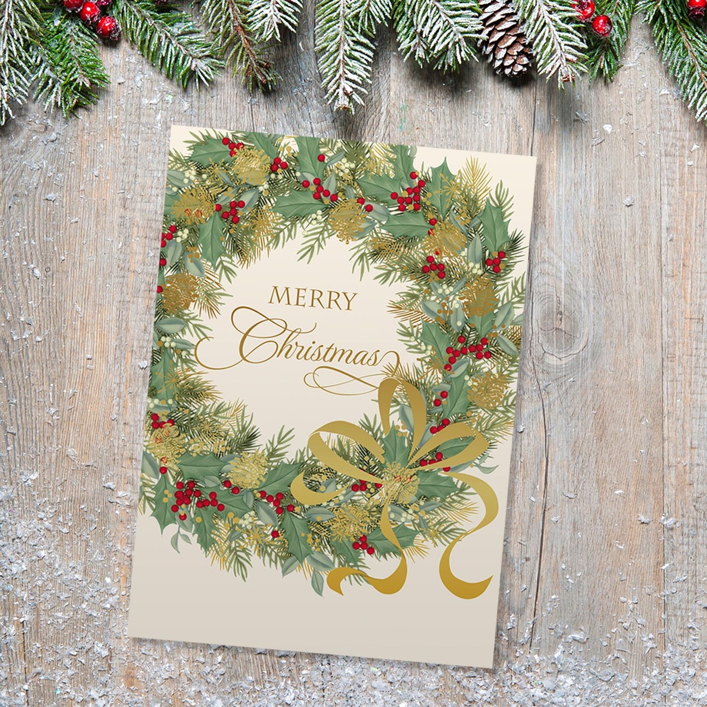 Canopy Street Masterpiece Traditional Wreath Christmas Cards / 15 Festive Holiday Cards Set With White Envelopes / 5 5/8" x 7 7/8" Winter Greeting Cards With Inside Verse