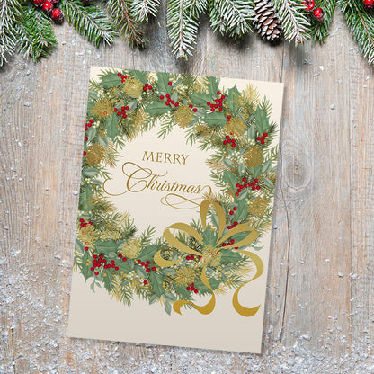 Canopy Street Masterpiece Traditional Wreath Christmas Cards / 15 Festive Holiday Cards Set With White Envelopes / 5 5/8" x 7 7/8" Winter Greeting Cards With Inside Verse