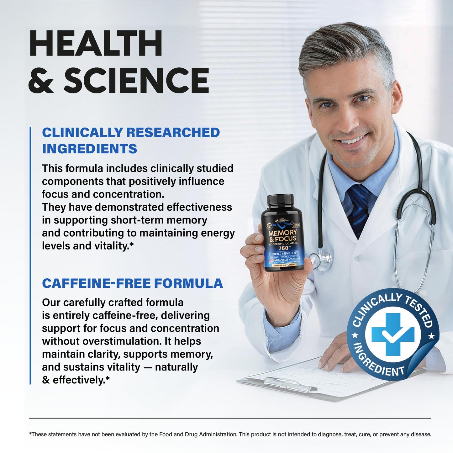 Brain Supplement for Memory & Focus 750 mg - Magnesium | L-Theanine | Bacopa Monnieri | Ginkgo Biloba | Lions Mane - 12in1 Nootropic Complex for Neuro Health - Caffeine-free - Made in USA, 60 Capsules