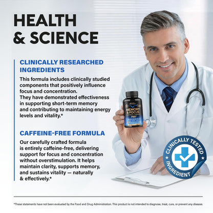 Brain Supplement for Memory & Focus 750 mg - Magnesium | L-Theanine | Bacopa Monnieri | Ginkgo Biloba | Lions Mane - 12in1 Nootropic Complex for Neuro Health - Caffeine-free - Made in USA, 60 Capsules