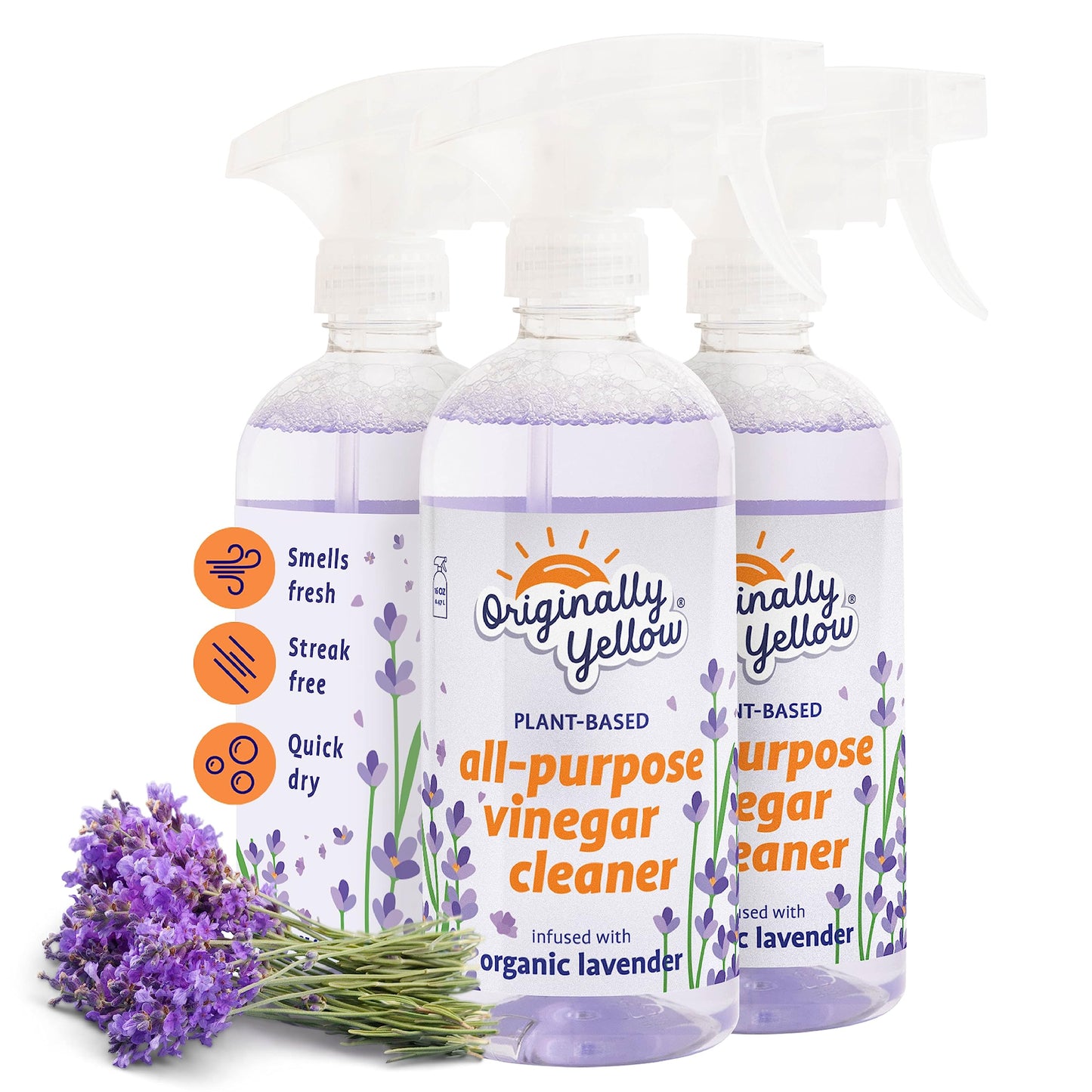 Originally Yellow Lavender Vinegar All Purpose Cleaning Spray | Distilled Cleaning Vinegar For Every Room In the House | Plant-Derived All Purpose Cleaner | Living Room, Bathroom, & Kitchen | 3 Pack