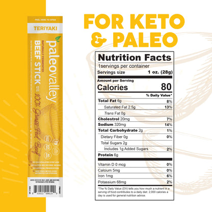 Paleovalley 100% Grass Fed Teriyaki Beef Sticks - Delicious Gluten Free Beef Snack - High Protein Keto Friendly