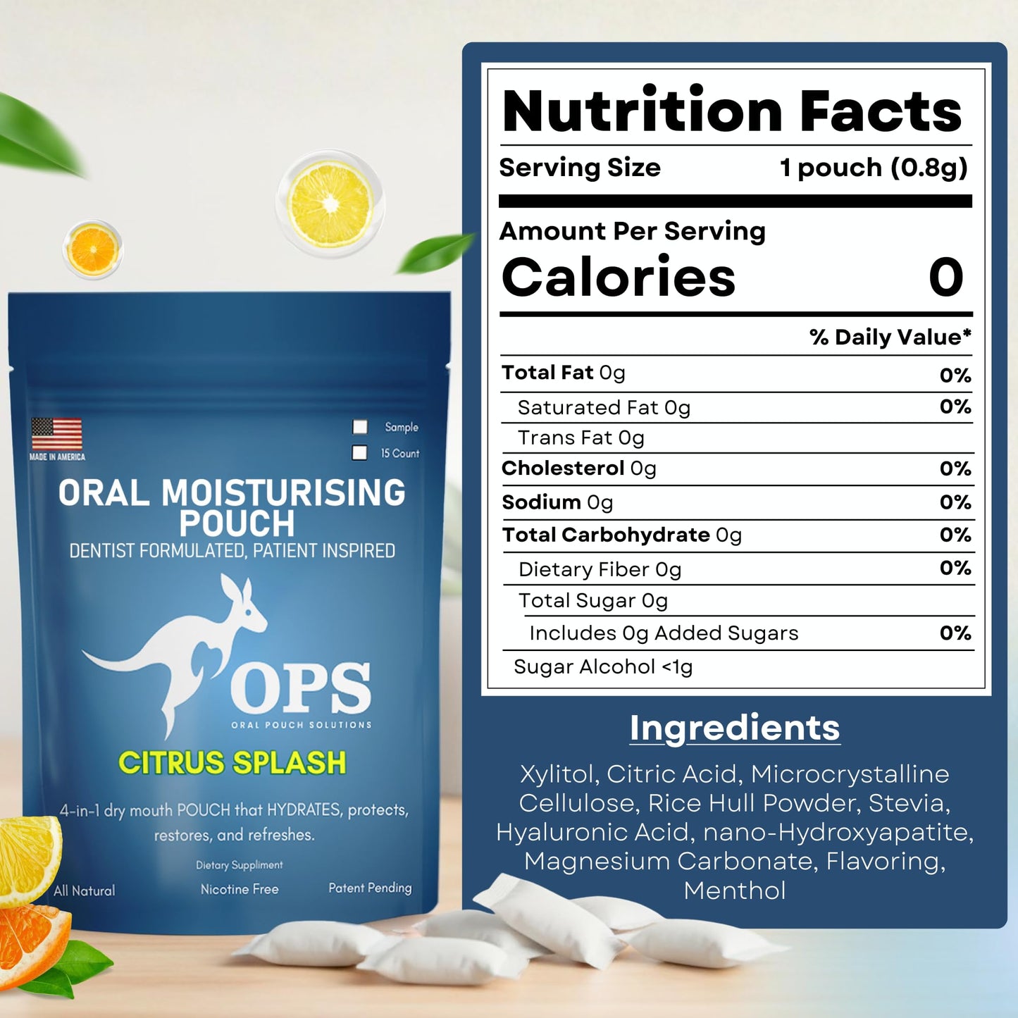 OPS Citrus Splash 4-1 Oral Moisturizing Pouch - Breath Mints Pouches, Xylitol Mints Pouches, Mouth Moisturizer | Saliva Substitute | Contains Xylitol & Menthol (Citrus)