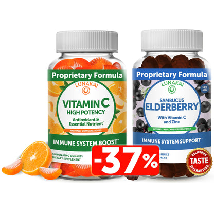 Lunakai Vitamin C and Elderberry Gummies Bundle for Adults and Kids - Organic VIT C Vegan Chewable Gummy Vitamins - Immune Support - Vegan, Non-GMO, No Corn Syrup, Gelatin Free, All Natural
