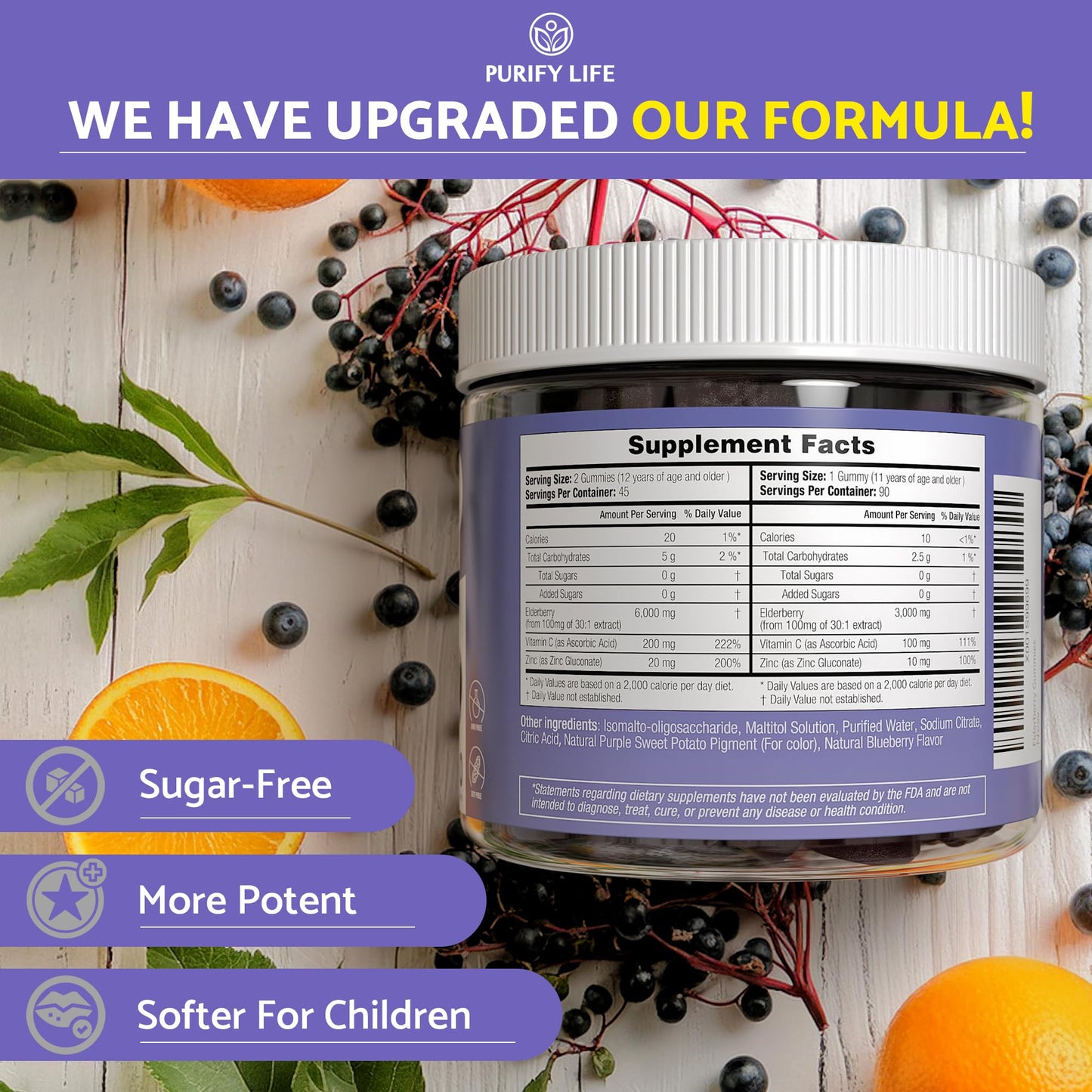 Purify Life Sugar-Free Elderberry Gummies with Vitamin C & Zinc for Adults and Kids, Immune Support Supplement for Respiratory Health, Sambucus Elderberry Antioxidant Gummies - Vegan, 90 Count