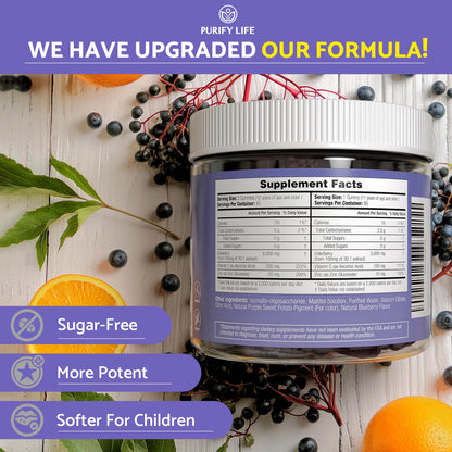 Purify Life Sugar-Free Elderberry Gummies with Vitamin C & Zinc for Adults and Kids, Immune Support Supplement for Respiratory Health, Sambucus Elderberry Antioxidant Gummies - Vegan, 90 Count