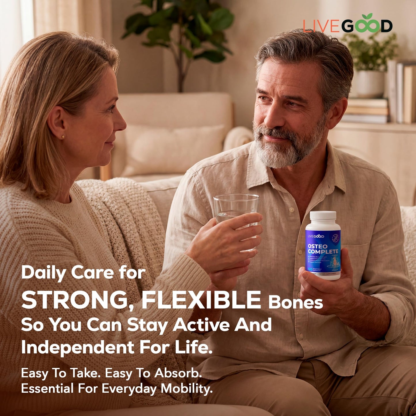 LiveGood Osteo Complete Bone and Joint Support with Highly Absorbable Calcium, Glucosamine, Eggshell Membrane, Boron and Silica for Bone Density, Flexibility and Mobility (90 Capsules)