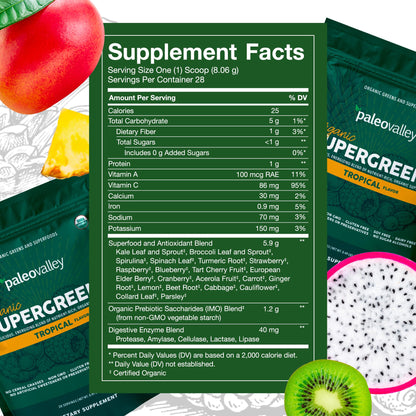 Paleovalley Organic Supergreens Powder - 23 Superfoods with Prebiotic Fiber for Energy and Immunity Support - No Cereal Grasses for Maximum Absorption - Tropical, 30 Servings