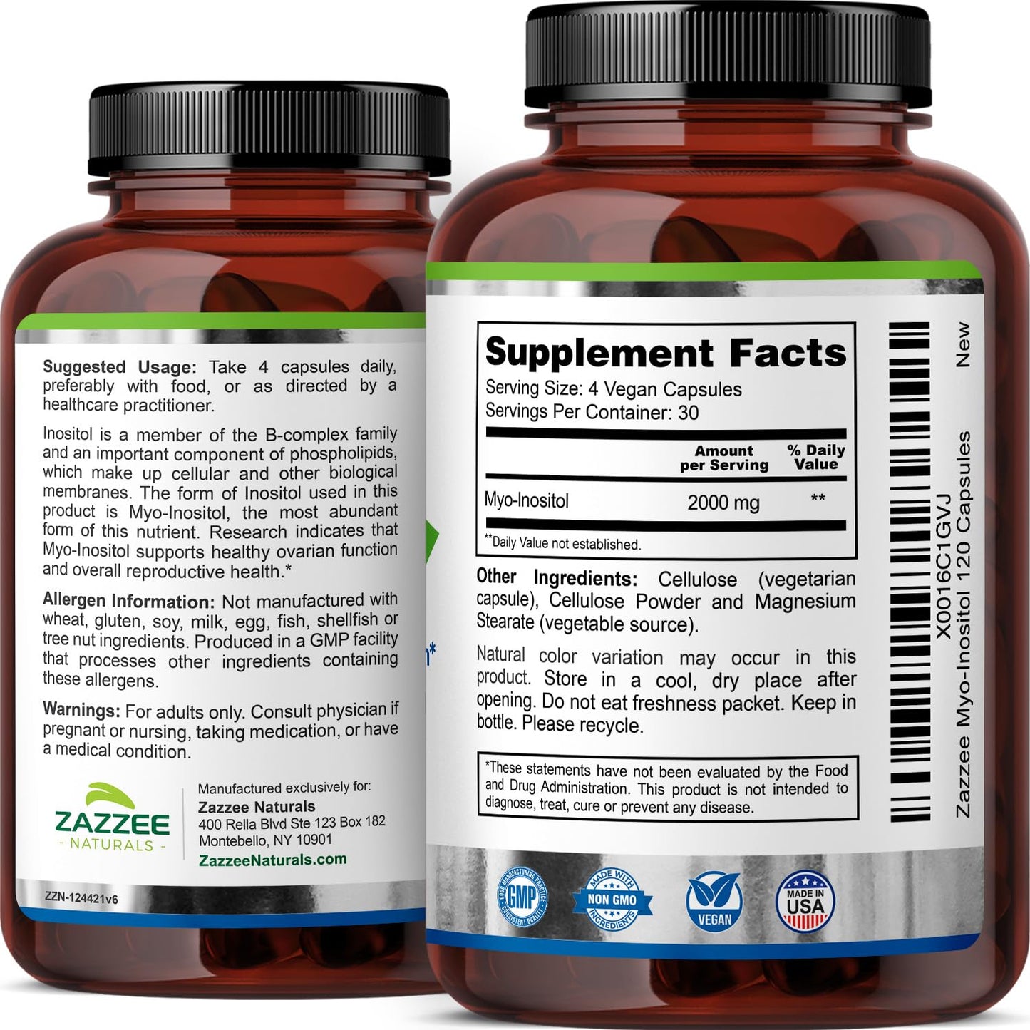 Zazzee Myo-Inositol Capsules, 2000 mg per Serving, 120 Vegan Capsules, Ideal Dosage for 40:1 Ratio, 100% Vegetarian, Hormone Balance & Healthy Ovarian Function Support, All-Natural and Non-GMO