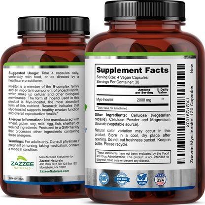 Zazzee Myo-Inositol Capsules, 2000 mg per Serving, 120 Vegan Capsules, Ideal Dosage for 40:1 Ratio, 100% Vegetarian, Hormone Balance & Healthy Ovarian Function Support, All-Natural and Non-GMO