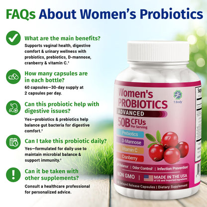 1 Body Cranberry Probiotics for Women, 50 Billion CFU, Cranberry Pills with Prebiotics, D-Mannose & Vitamin C, Vaginal Probiotics for Microbiome Balance, Digestive & Immune Support, 60 Vaginal Pills