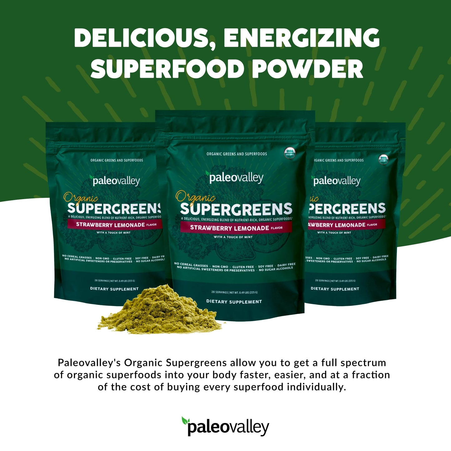 Paleovalley Organic Supergreens - Organic Greens Powder Superfood for Immune Support - Paleo Green Powder Blend - 28 Servings - 23 Organic Superfoods - Gluten Free, No Cereal Grasses, Soy or Grain