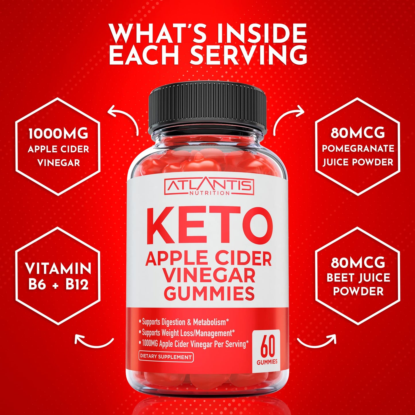 Atlantis Nutrition Keto ACV Gummies for Weight Loss - Apple Cider Vinegar Gummies Formulated to Support Advanced Weight Loss, Digestion, Detox & Cleansing, Made with 1000MG ACV Per Serving - 60 Count