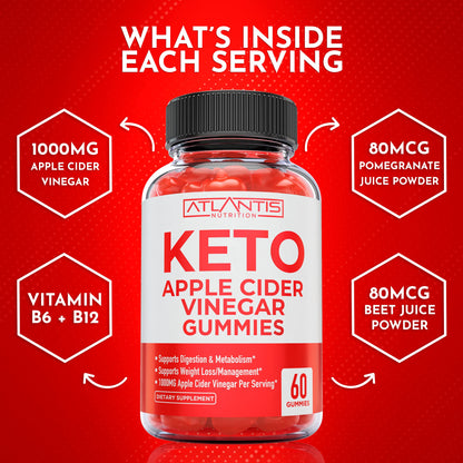 Atlantis Nutrition Keto ACV Gummies for Weight Loss - Apple Cider Vinegar Gummies Formulated to Support Advanced Weight Loss, Digestion, Detox & Cleansing, Made with 1000MG ACV Per Serving - 60 Count