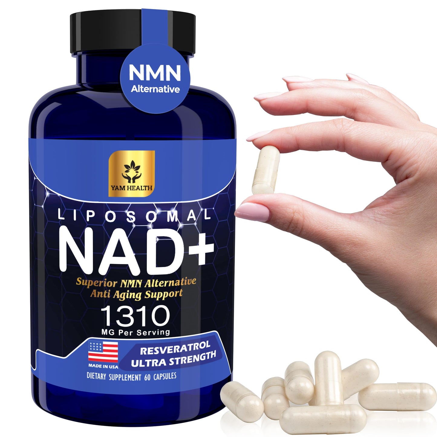 YAM Health Liposomal NAD Nicotinamide Riboside Equivalent with Trans-Resveratrol 300mg, Premium Halal NAD Supplement for Energy Metabolism, DNA Repair and Longevity, Vegan, Non-GMO (60 Count)