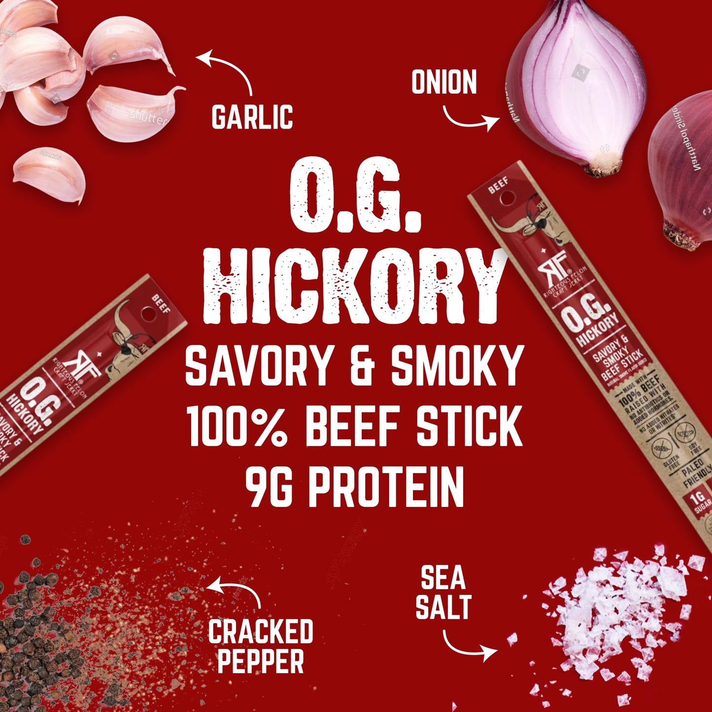 Righteous Felon Meat Sticks | 100% Beef Sticks | Gluten Free & Keto Meat Sticks | Low Sugar & High Protein Beef Sticks | Healthy Snack for Adults | Jerky Gifts for Men | OG Hickory, 10 Pack