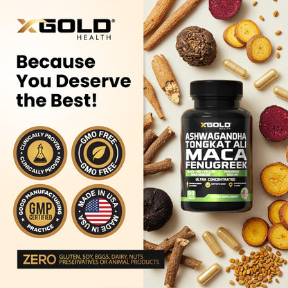 Ashwagandha 5000mg + Tongkat Ali 1000mg + Maca Root 5000mg + Fenugreek 3000mg Supplement | Black + Red + Yellow Maca Root Extract & Fenugreek Herbal Supplements for Men & Women - Made in USA
