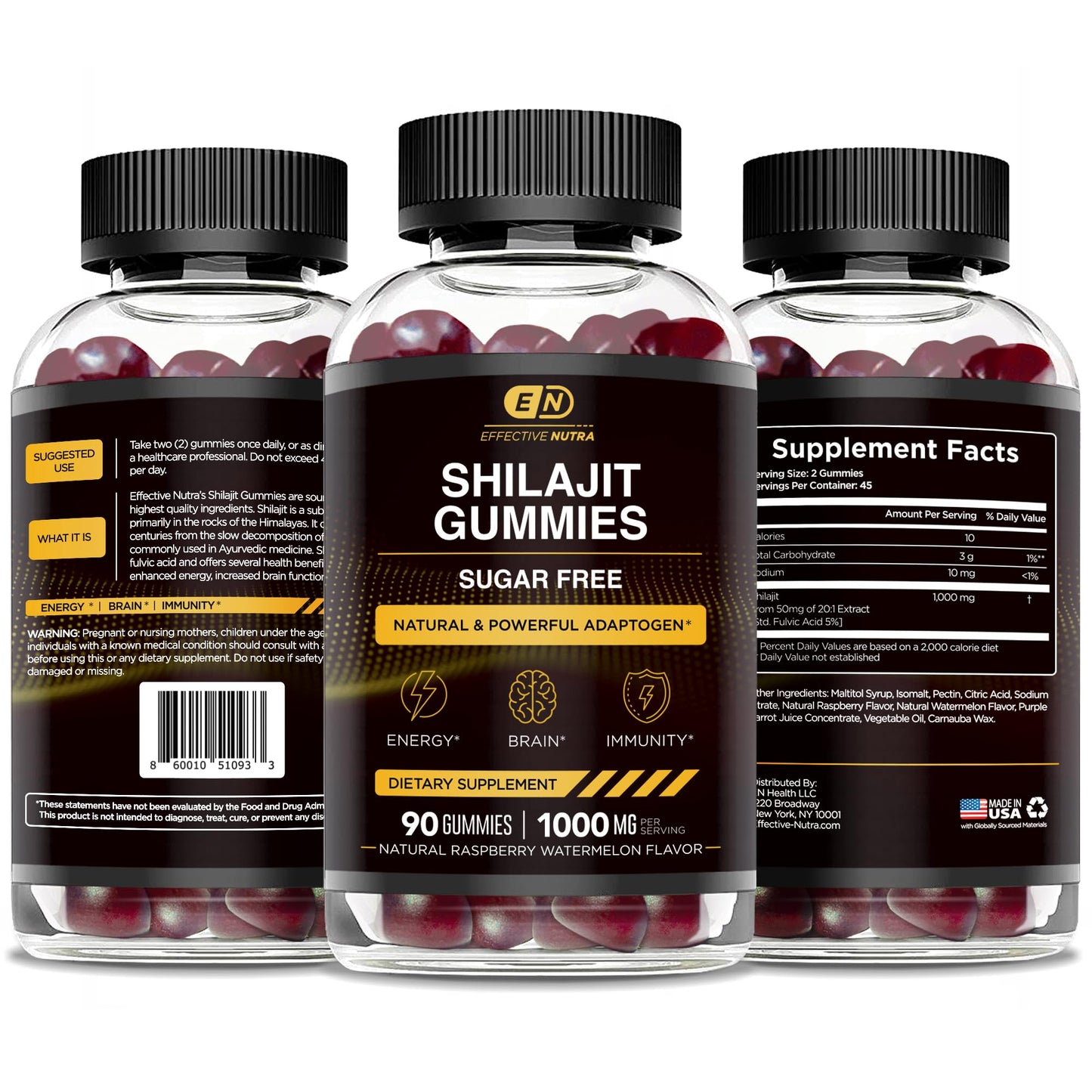 EFFECTIVE NUTRA Shilajit Gummies 1000mg | Pure Shilajit Resin for Energy, Brain & Immunity | Supplement for Men & Women | Sugar-Free, Vegan, Gluten-Free | Natural Berry Flavor, Made in USA (90ct)